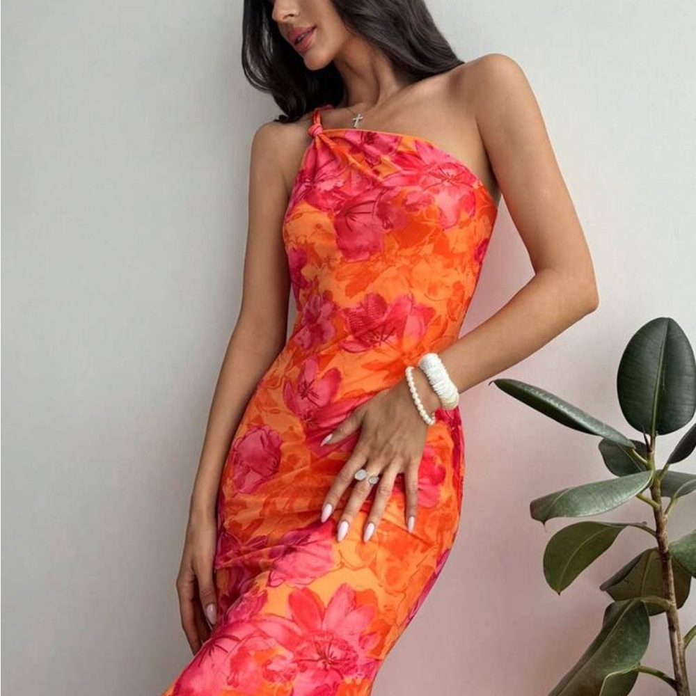 SHEIN One Shoulder Floral Dress in Orange and Pink